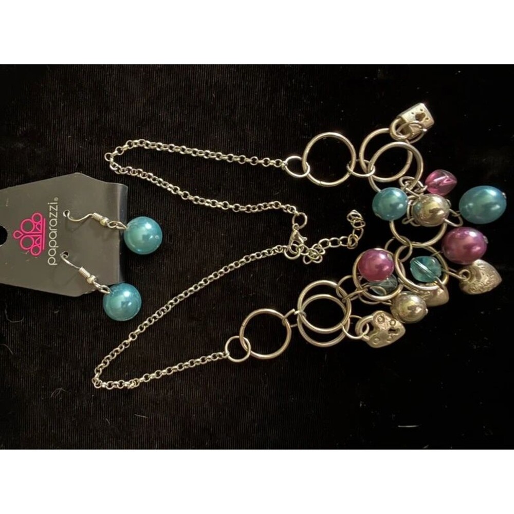 Paparazzi Love Lock Charm Cluster Necklace & Earring Set - Teal Purple